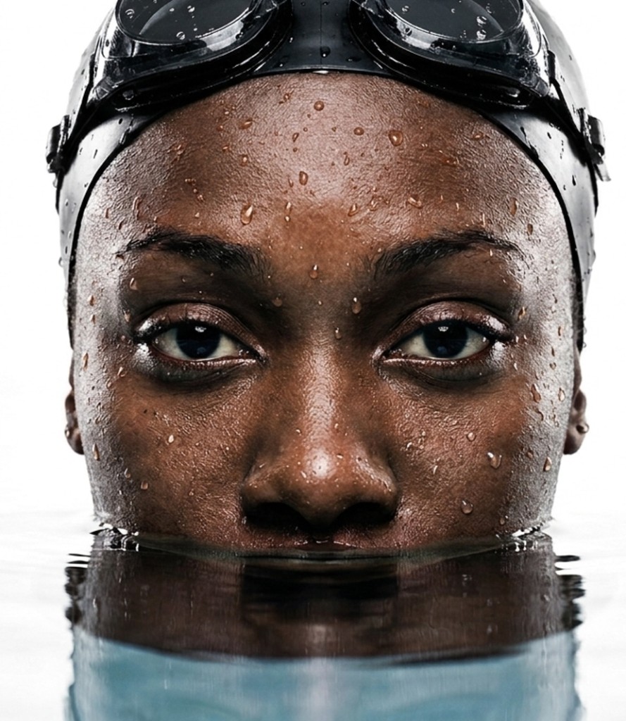 Swimmer at the surface, focused before the next race