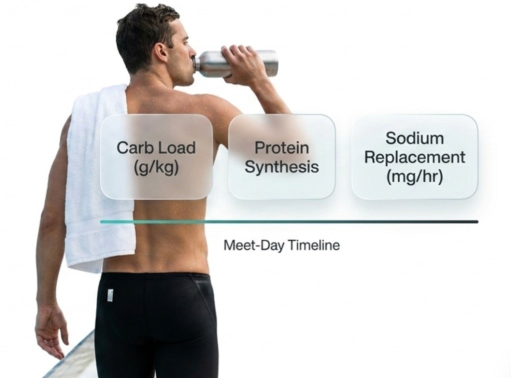 Meet-day fueling: carb load, protein synthesis, and sodium replacement around a swimmer hydrating