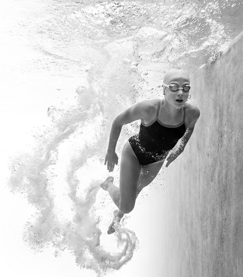 Age-group swimmer underwater after the dive